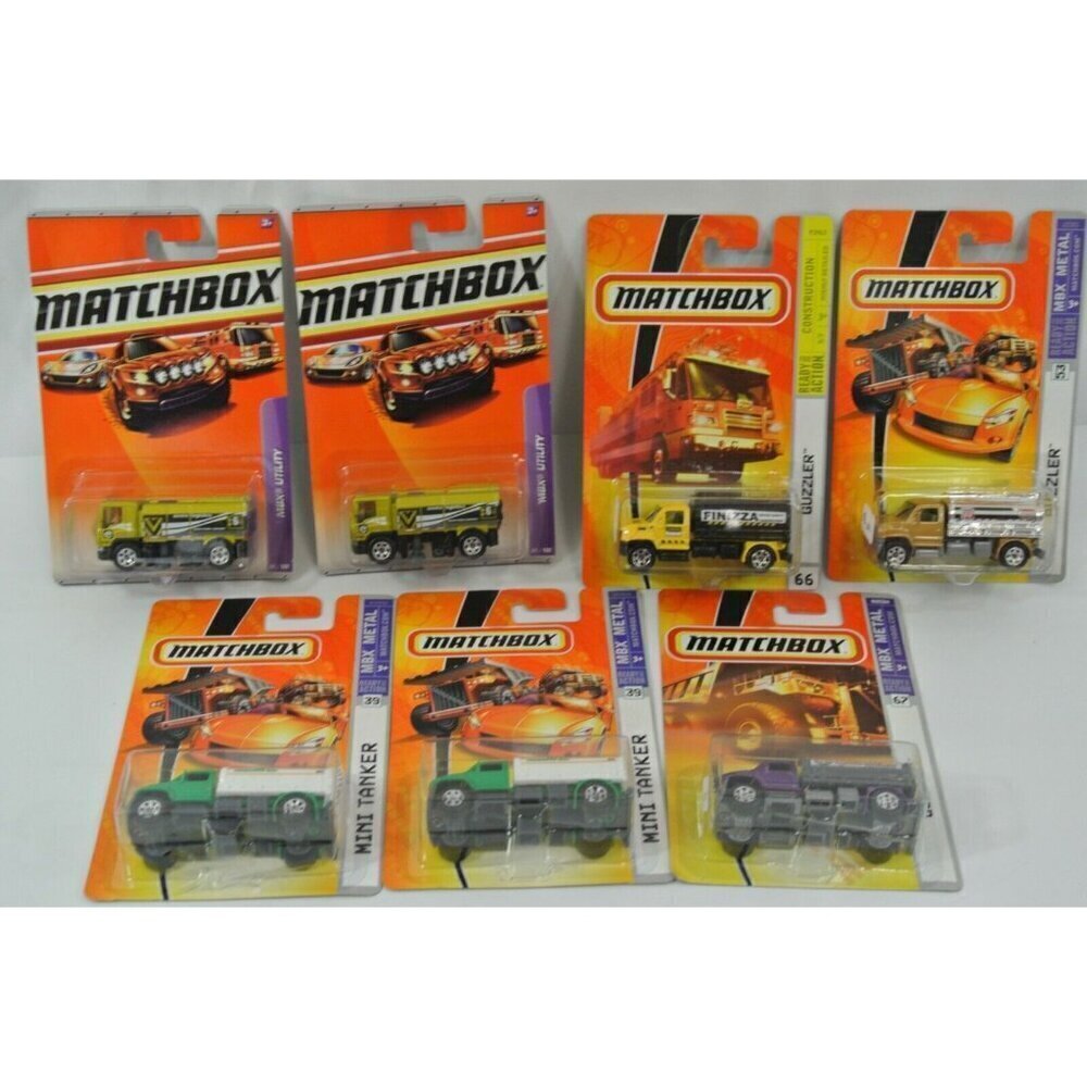 Matchbox Construction MBX Utility Mini Tanker Guzzler Lot of 7 Diecast Cars NOC